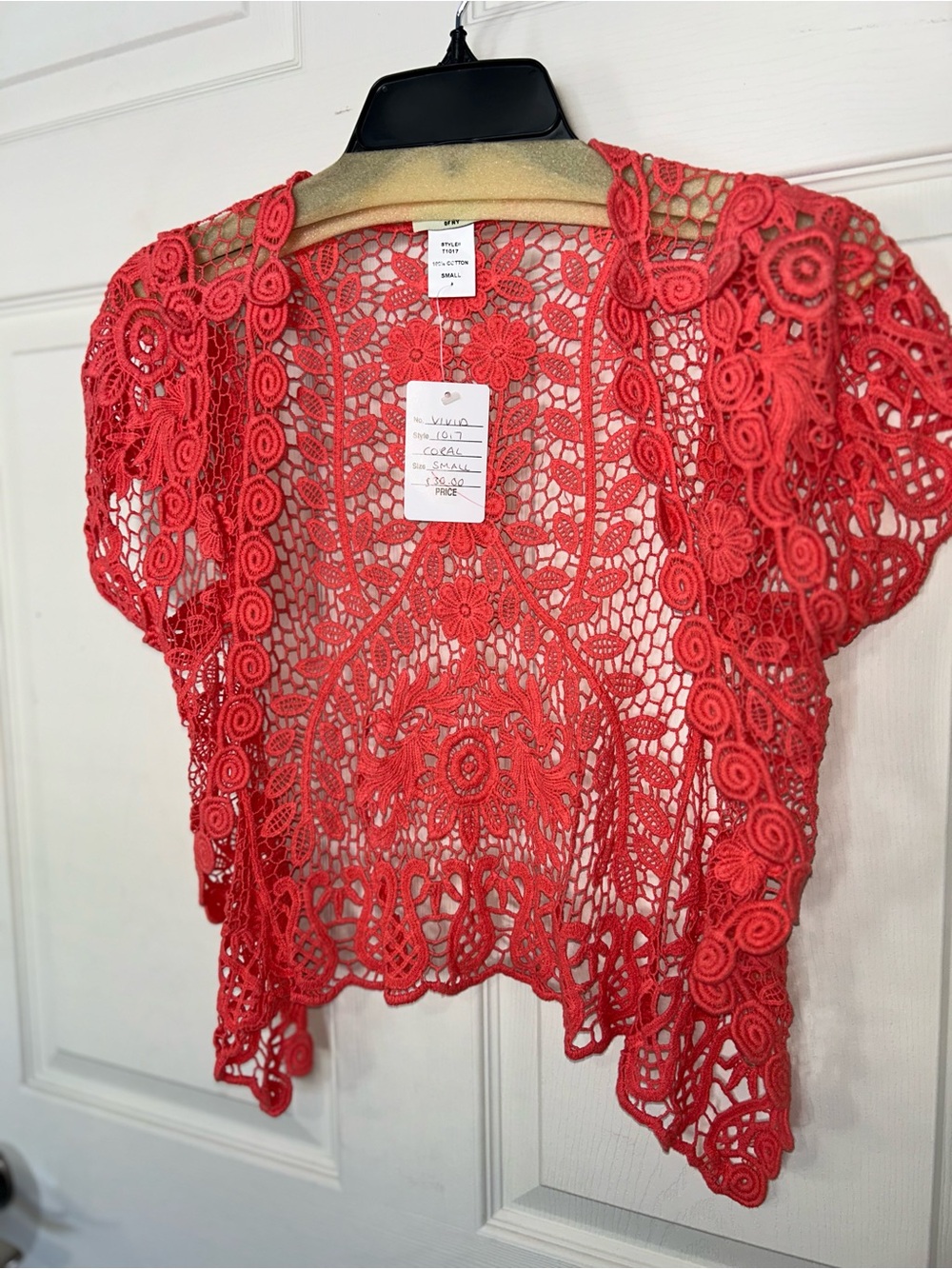 Crochet Lace Open-Front Bolero Shrug - Coral